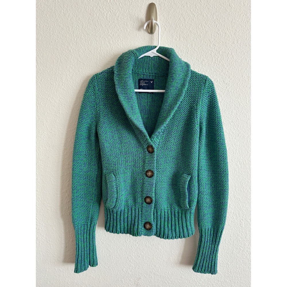 American Eagle Green Blue Shawl Collar Chunky Knit Button Up Cardigan Y2K Small